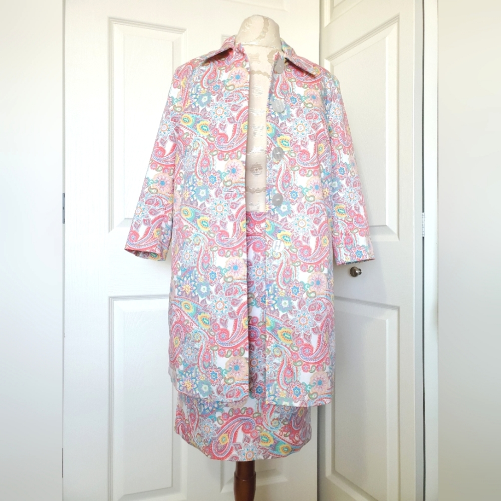 Jessica paisley cotton jacket coat skirt set 2 fits XS spring pastel white pink